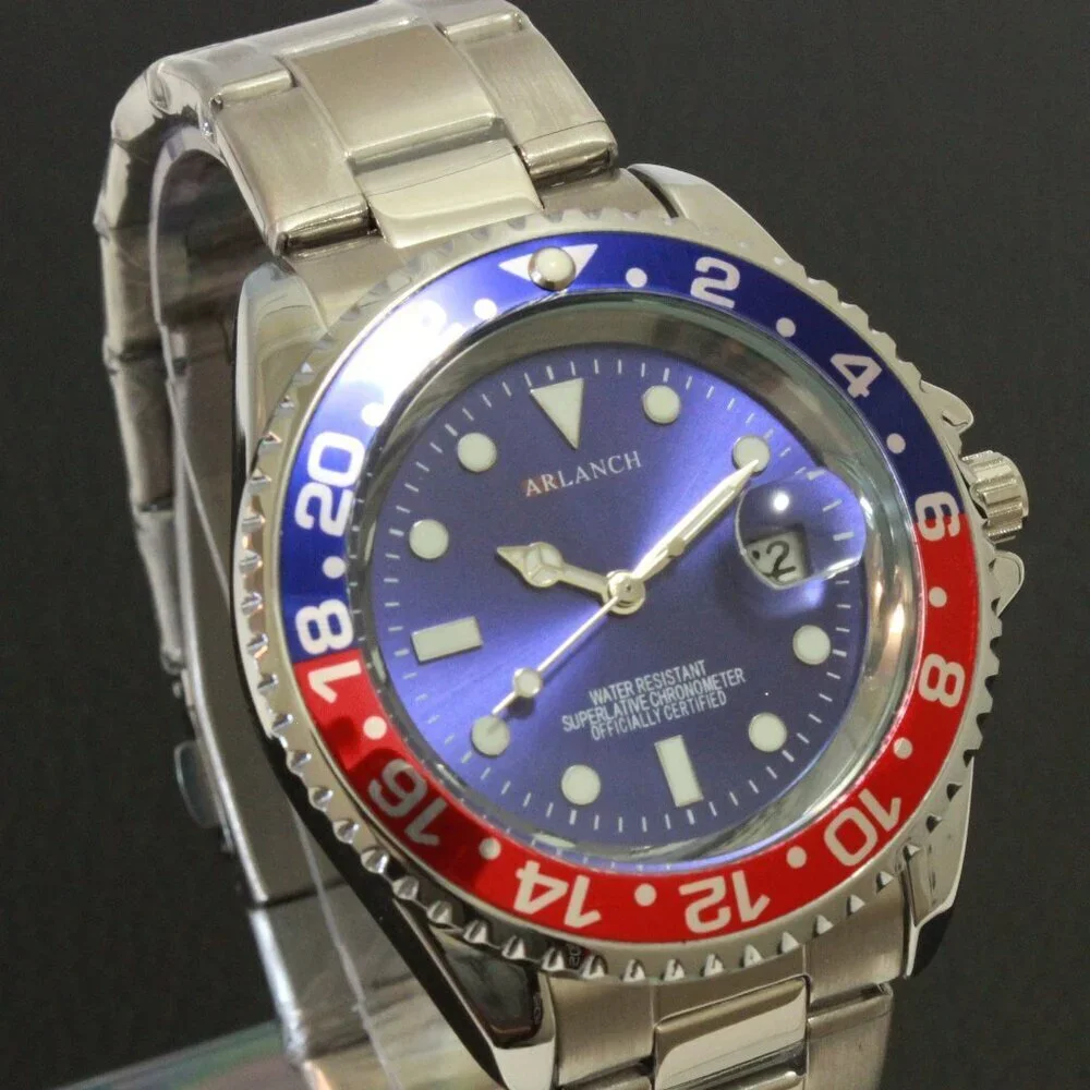 Men's Diver Style Watch Pepsi Bezel Stainless Bracelet 40mm